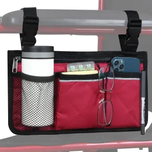 Wheelchair Side Bag, Armrest Storage Pouch with Cup Holder and Reflective Strip for Wheelchairs, Walkers or Rollators (Red)
