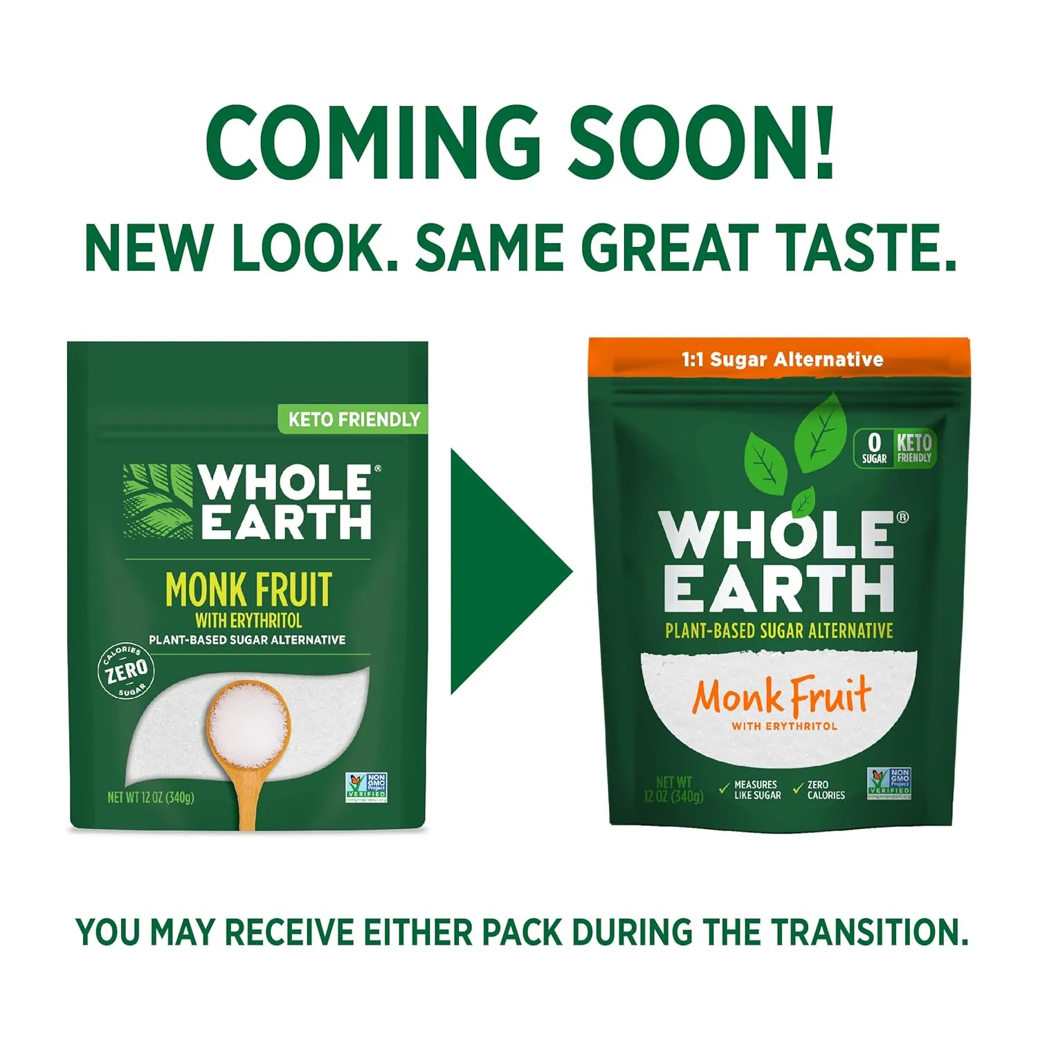 WHOLE EARTH Monk Fruit Sweetener with Erythritol, Plant-Based Sugar Alternative, 12 Ounce Pouch (Pack of 2)