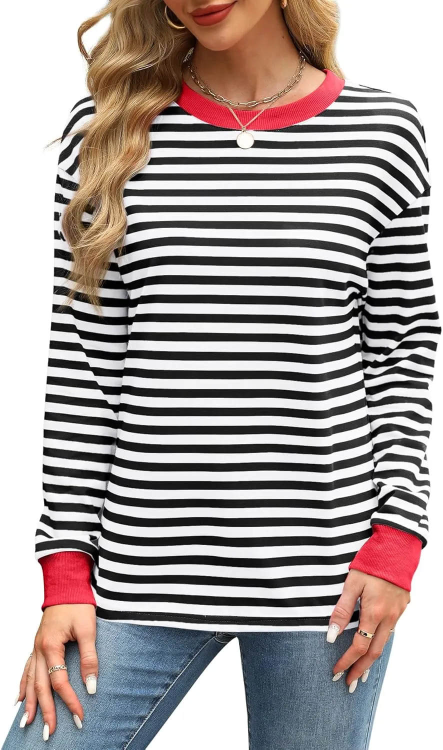 WIHOLL Womens Tunic Tops Long Sleeve Striped Shirts Crewneck Tops