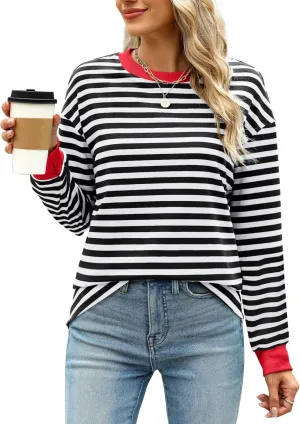 WIHOLL Womens Tunic Tops Long Sleeve Striped Shirts Crewneck Tops