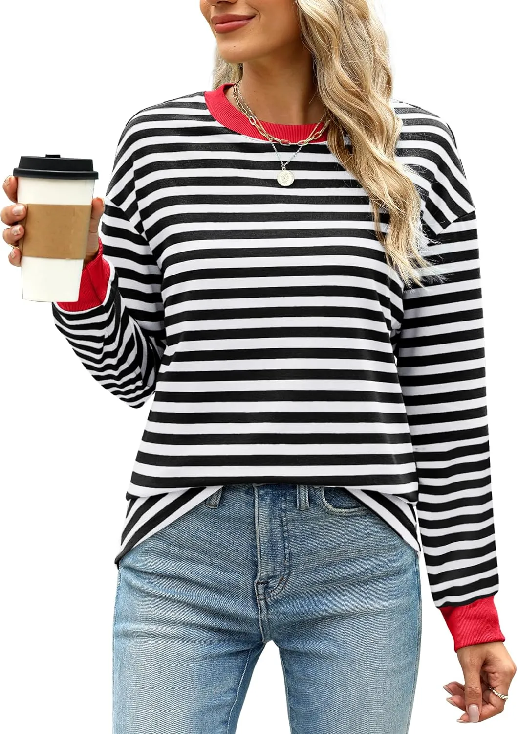 WIHOLL Womens Tunic Tops Long Sleeve Striped Shirts Crewneck Tops