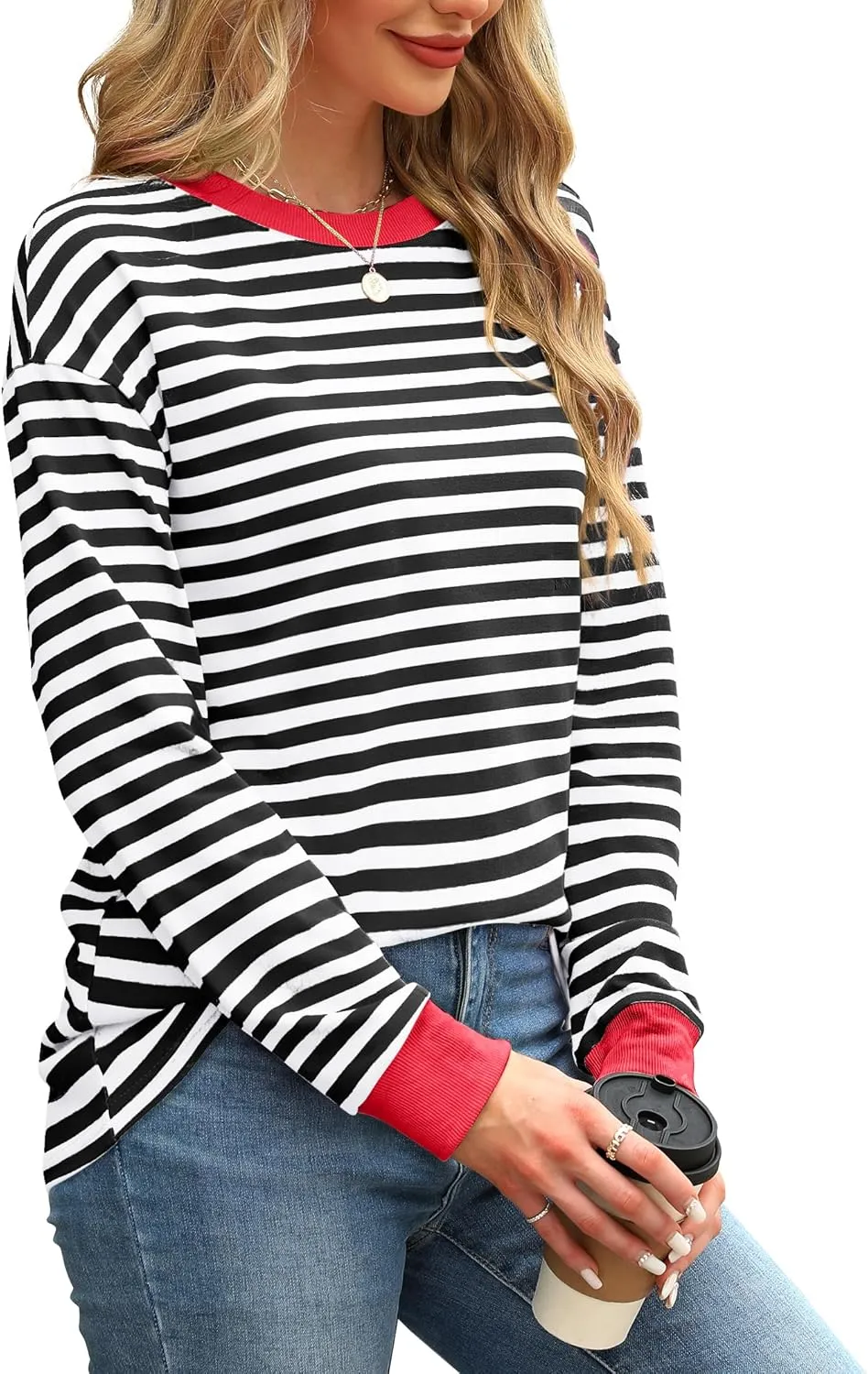 WIHOLL Womens Tunic Tops Long Sleeve Striped Shirts Crewneck Tops