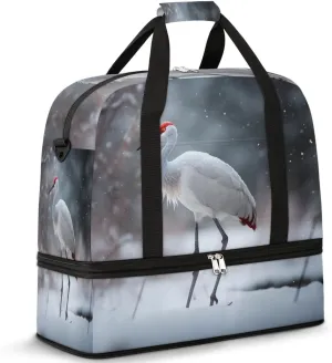 Winter Animal Crane Travel Duffel Bag with Foldable Shoe Compartment Shoulder Tote Travel Weekend Bag Sports Gym Overnight Bags