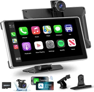 Wireless Carplay with 4K Dash Cam, 9" Portable Carplay Screen for Car, Apple Carplay & Android Auto Car Satellite Radio with 1080P Backup Camera, GPS Navigation/Mirror Link/Voice Control/Bluetooth