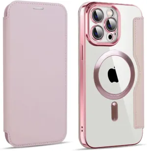 Wireless Charging Flip Leather Phone Case for iPhone 11 12 13 14Plus 15 Pro Max Senior Clear Shockproof Business Card Slot Cover,Pink,for iPhone 14Pro Max