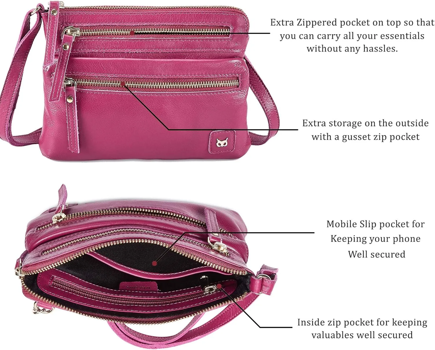 Wise Owl Accessories Small Crossbody Sling Bag Real Leather Purse for Women Crossover Trendy Shoulder Handbag