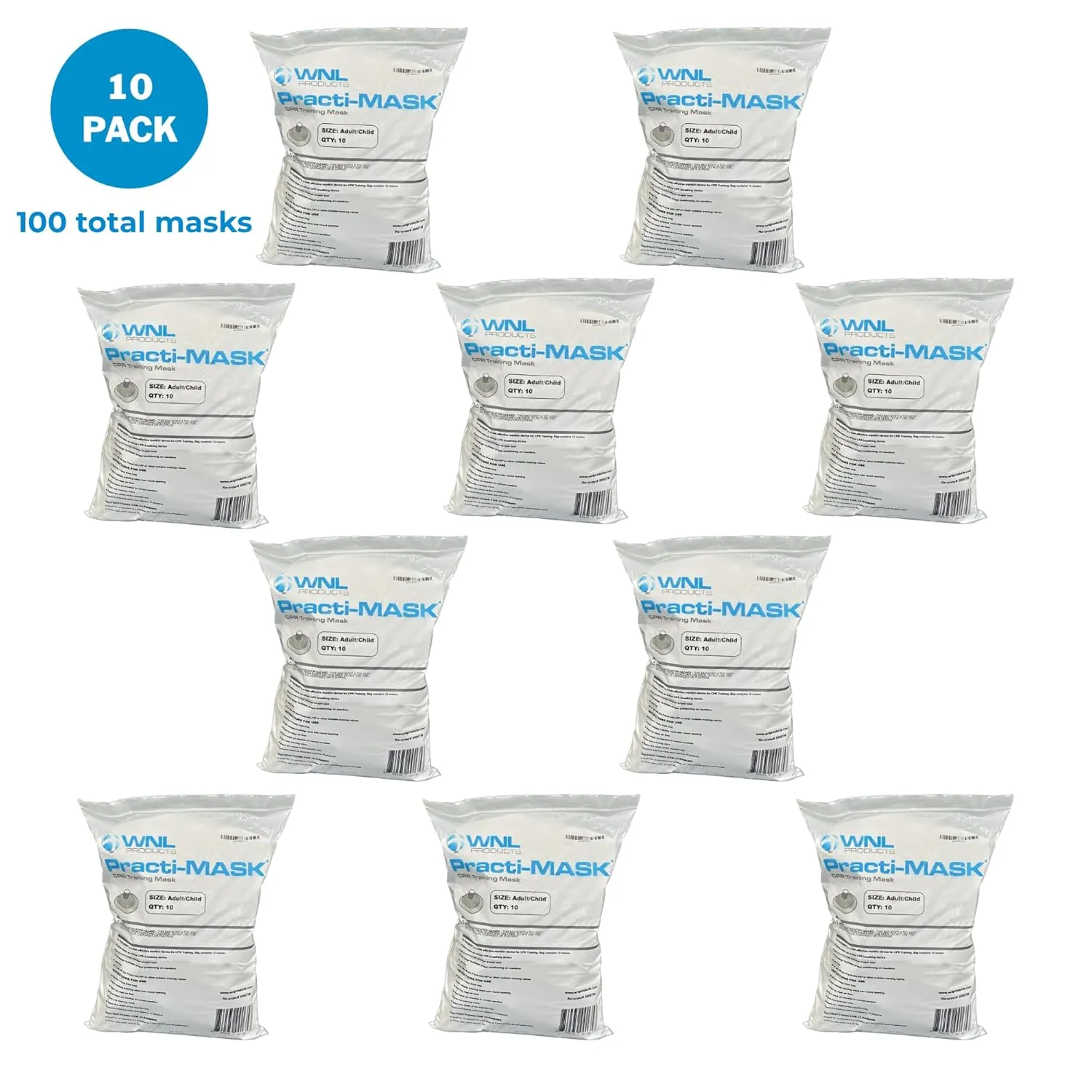 WNL Products 5000TM-10PACK Practi-Mask Adult/Child CPR Training Mask Includes 10 Packs of 10 Sets (100 Pack - Adult & Child)
