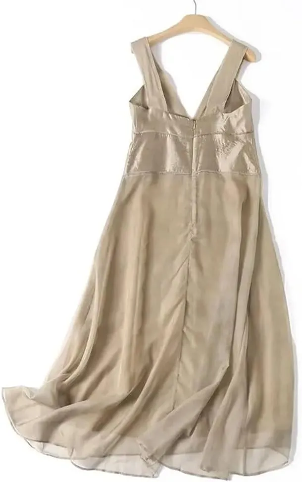 Women Chiffon Sleeveless Midi Dress V Neck Backless Loose Dresses