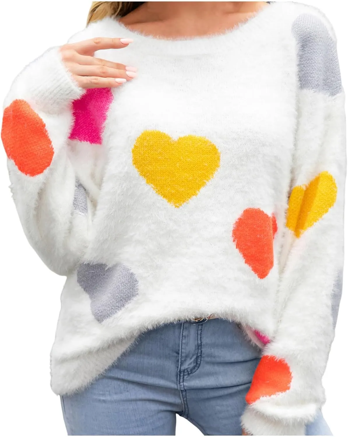 Women Crewneck Long Sleeve Sweaters Casual Loose Comfy Fuzzy Knit Chunky Warm Pullover Cute Heart Graphic Sweater Top