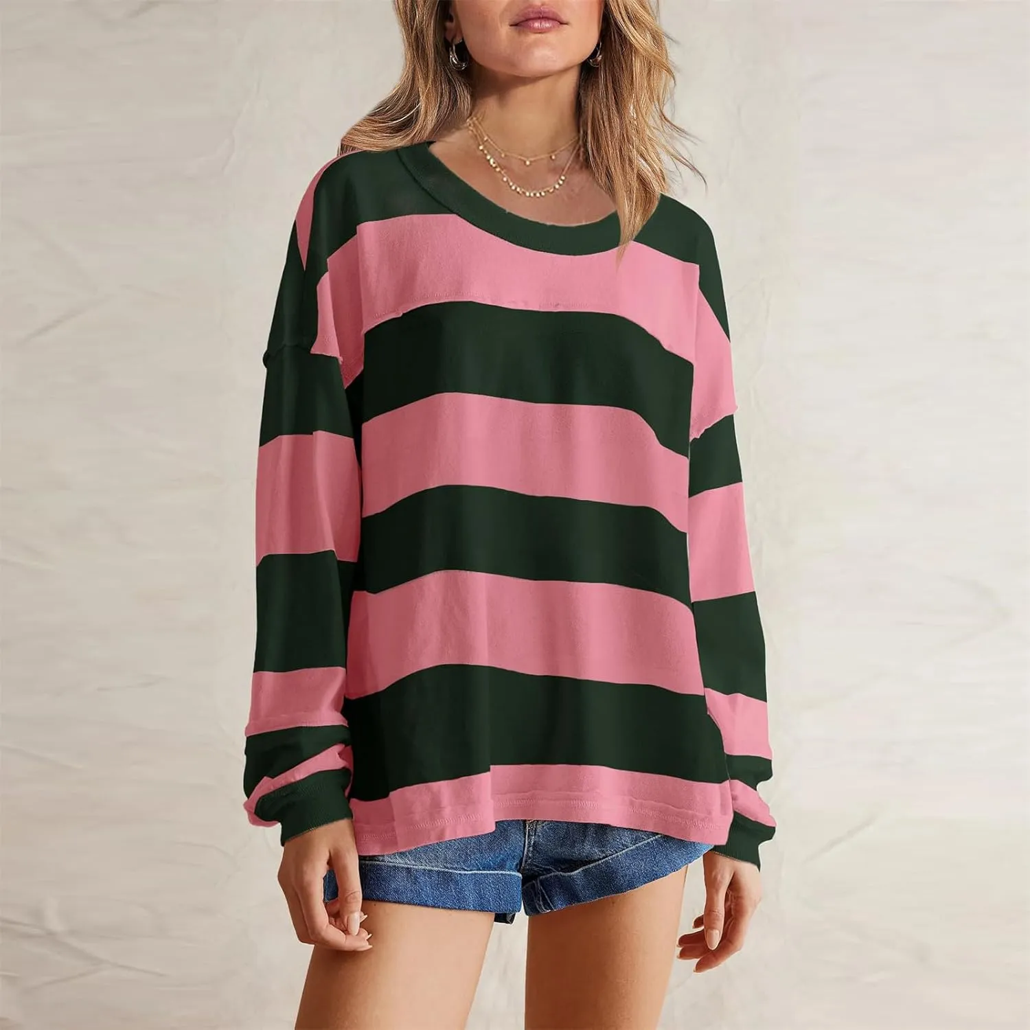 Women Fall Clothes 2024 Dressy Striped Color Block Long Sleeve Oversized Sweatshirt Casual Pullover Y2K Shirt Top