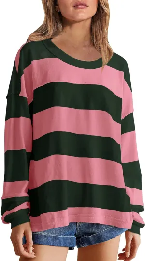Women Fall Clothes 2024 Dressy Striped Color Block Long Sleeve Oversized Sweatshirt Casual Pullover Y2K Shirt Top