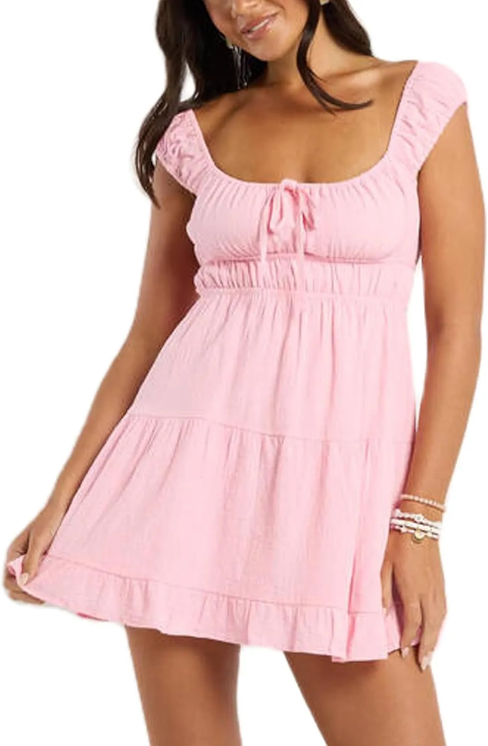 Women Floral Embroidery Mini Dress Sleeveless Ruffle Straps Flowy Sundress Solid Ruched High Waist A-line Dresses