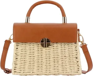Women Handwoven Straw Purse Rattan Handbag Beach Woven Straw Tote Square Bag Boho Basket Crossbody Bag