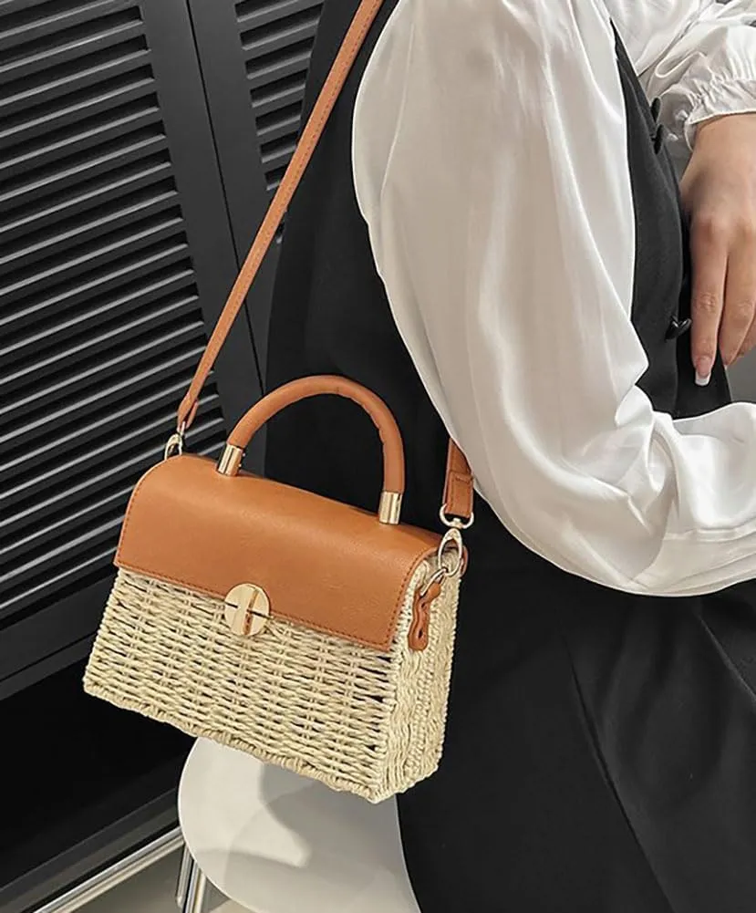 Women Handwoven Straw Purse Rattan Handbag Beach Woven Straw Tote Square Bag Boho Basket Crossbody Bag