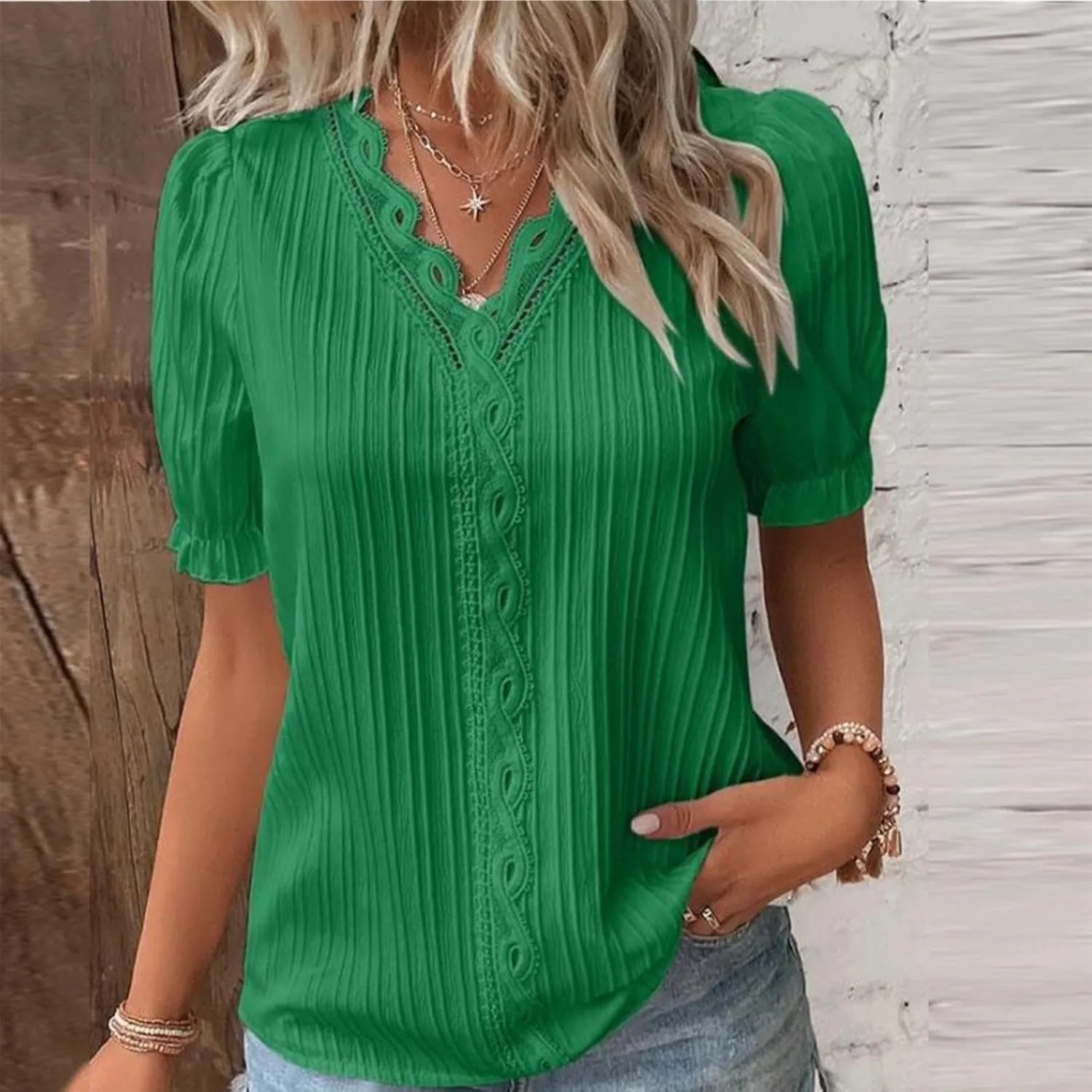 Women Lace V Neck Short Sleeve Shirt Elegant Puff Sleeve Office Work Dressy Blouse Plus Size Slim Tunic Casual Tshirt