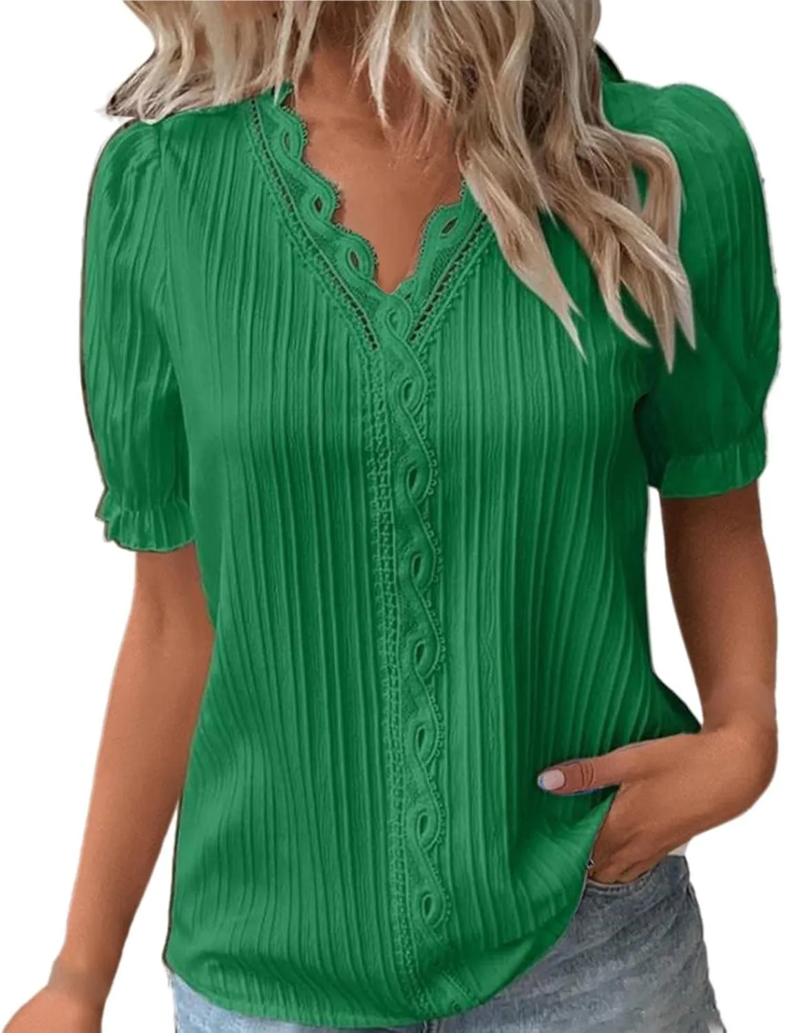 Women Lace V Neck Short Sleeve Shirt Elegant Puff Sleeve Office Work Dressy Blouse Plus Size Slim Tunic Casual Tshirt