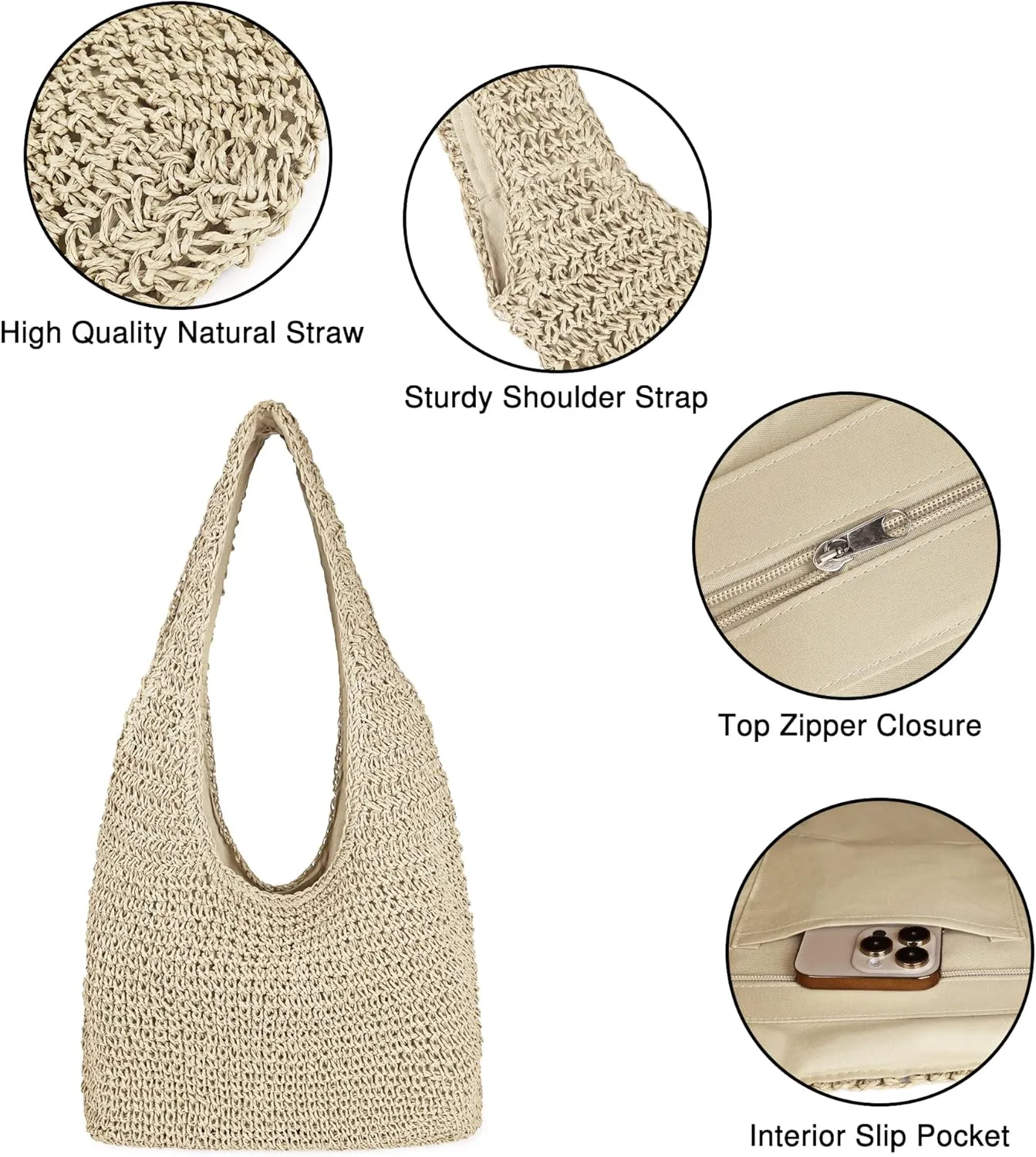 Women Large Straw Beach Bag Handmade Woven Shoulder Bags Hobo Tote Handbag Purse for Summer
