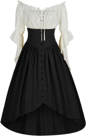 Women Off Shoulder Fairy Court Dress Ruffle Puff Sleeve Cinch Waist Corset Dresses Irish Medieval Peasant Dress