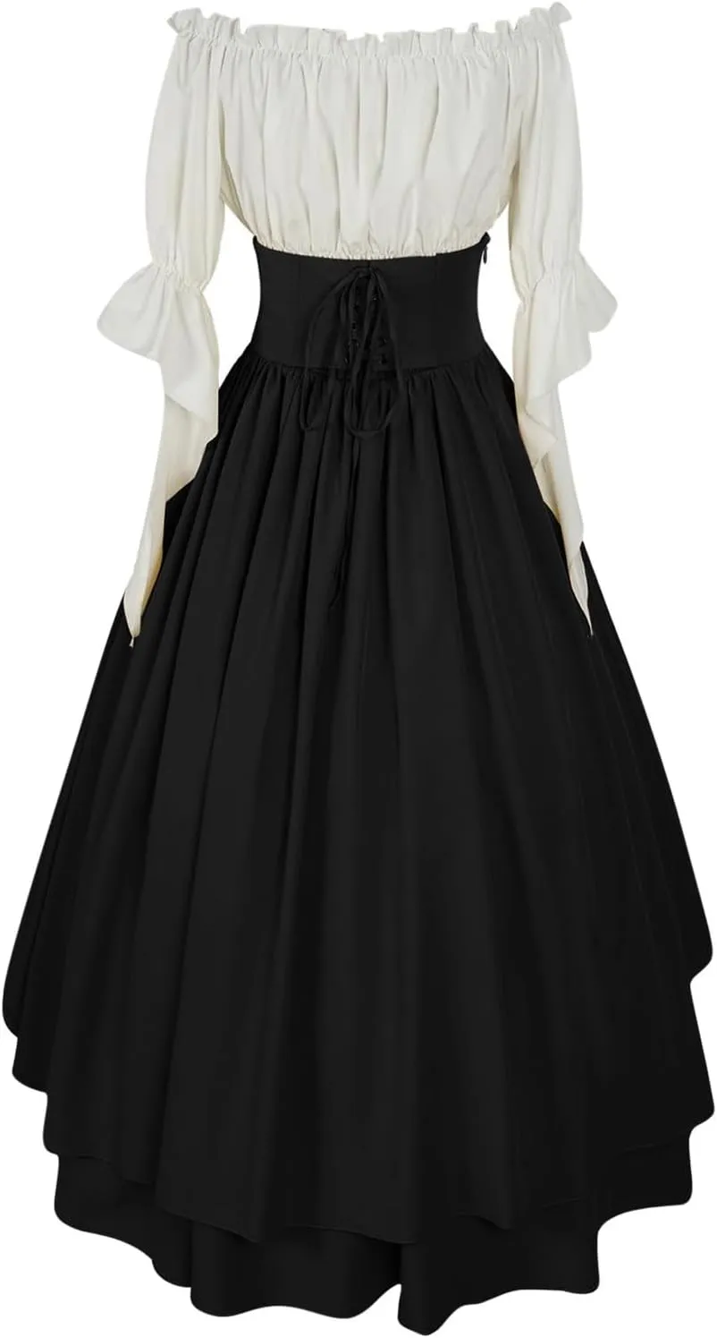 Women Off Shoulder Fairy Court Dress Ruffle Puff Sleeve Cinch Waist Corset Dresses Irish Medieval Peasant Dress