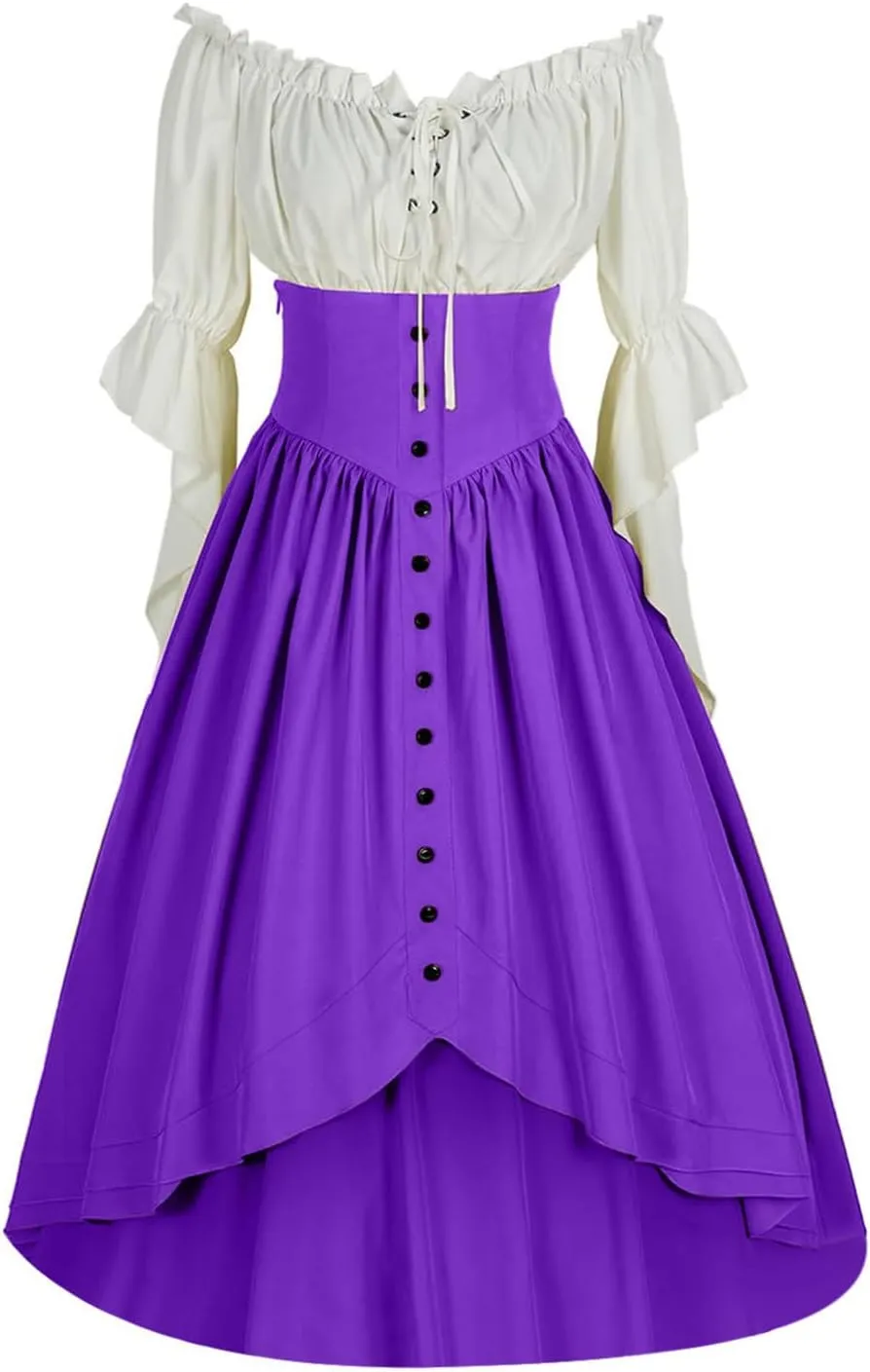 Women Off Shoulder Fairy Court Dress Ruffle Puff Sleeve Cinch Waist Corset Dresses Irish Medieval Peasant Dress