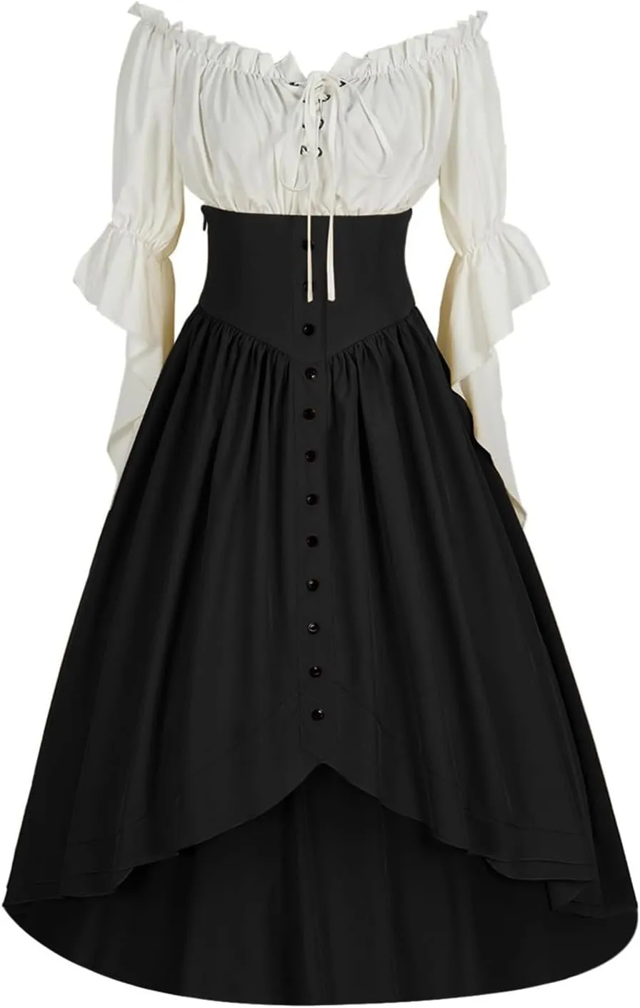 Women Off Shoulder Fairy Court Dress Ruffle Puff Sleeve Cinch Waist Corset Dresses Irish Medieval Peasant Dress
