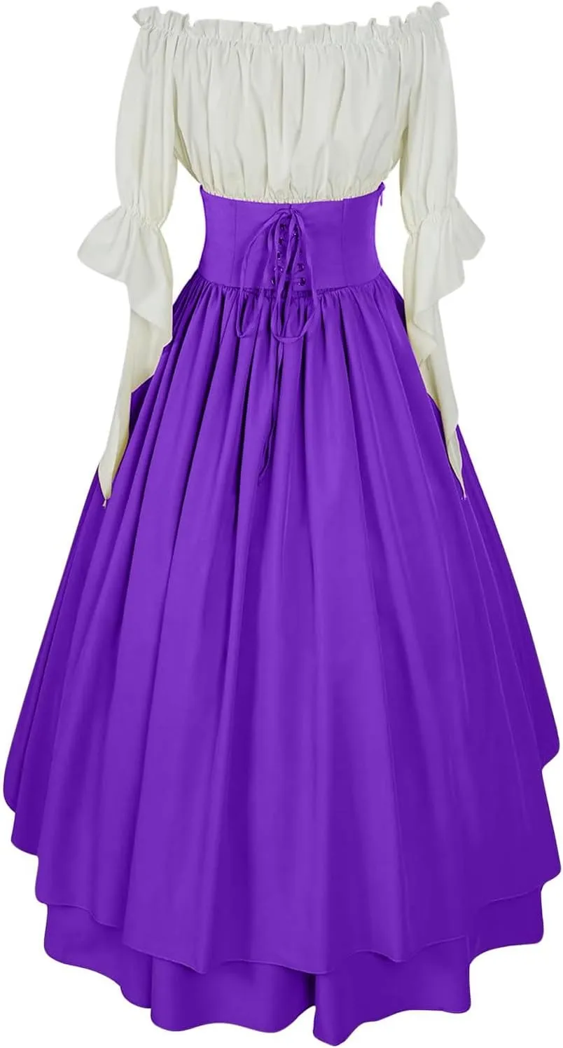 Women Off Shoulder Fairy Court Dress Ruffle Puff Sleeve Cinch Waist Corset Dresses Irish Medieval Peasant Dress