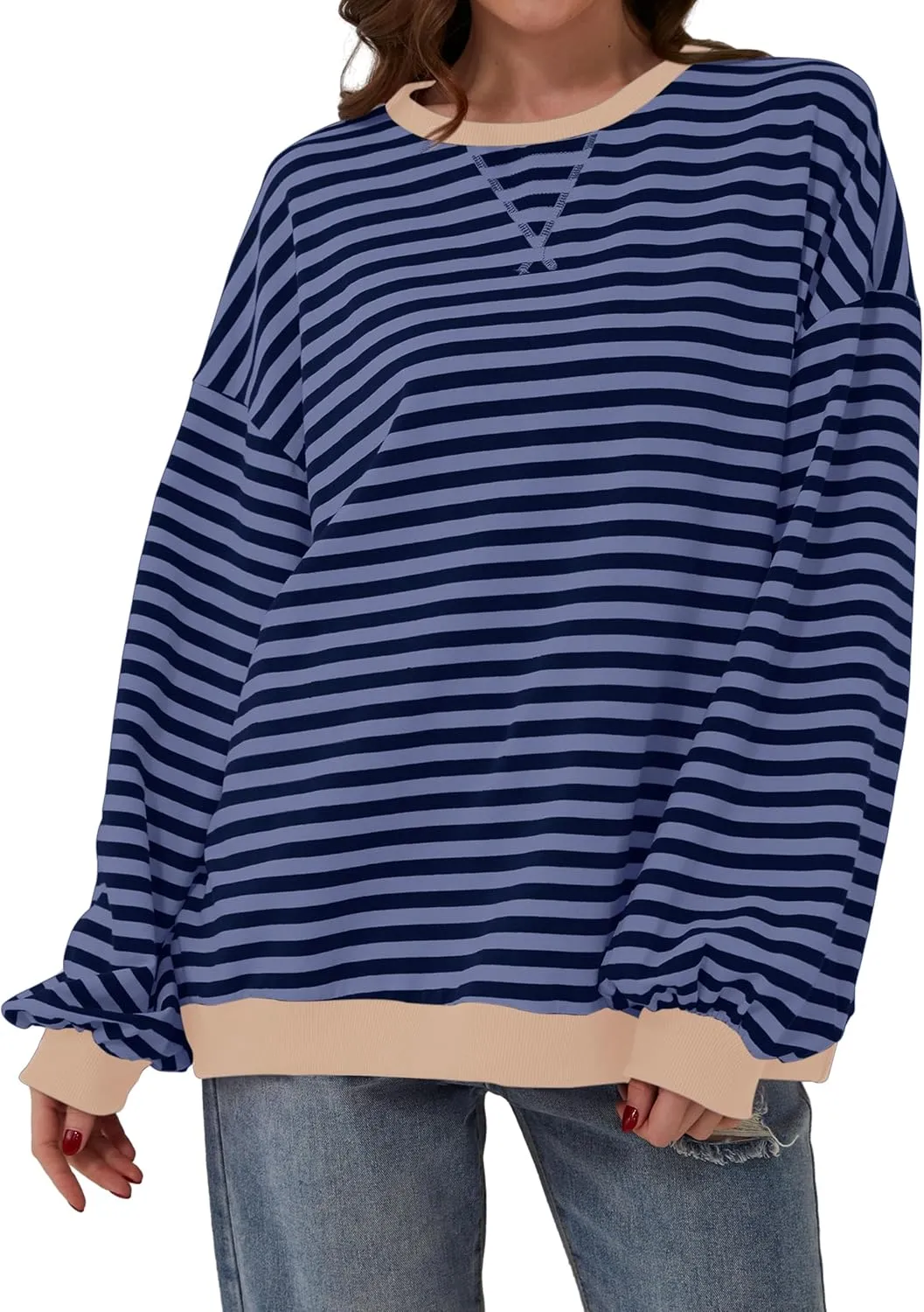 Women Oversized Striped Color Block Long Sleeve Crew Neck Sweatshirt Casual Loose Pullover Y2K Shirt Top