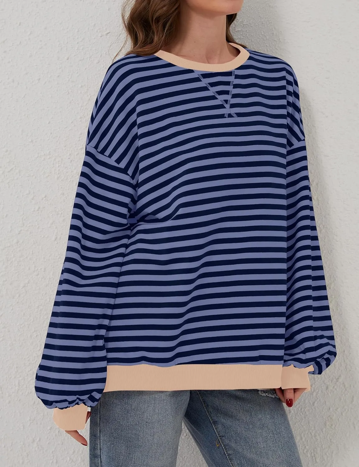 Women Oversized Striped Color Block Long Sleeve Crew Neck Sweatshirt Casual Loose Pullover Y2K Shirt Top
