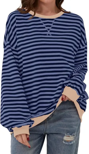 Women Oversized Striped Color Block Long Sleeve Crew Neck Sweatshirt Casual Loose Pullover Y2K Shirt Top