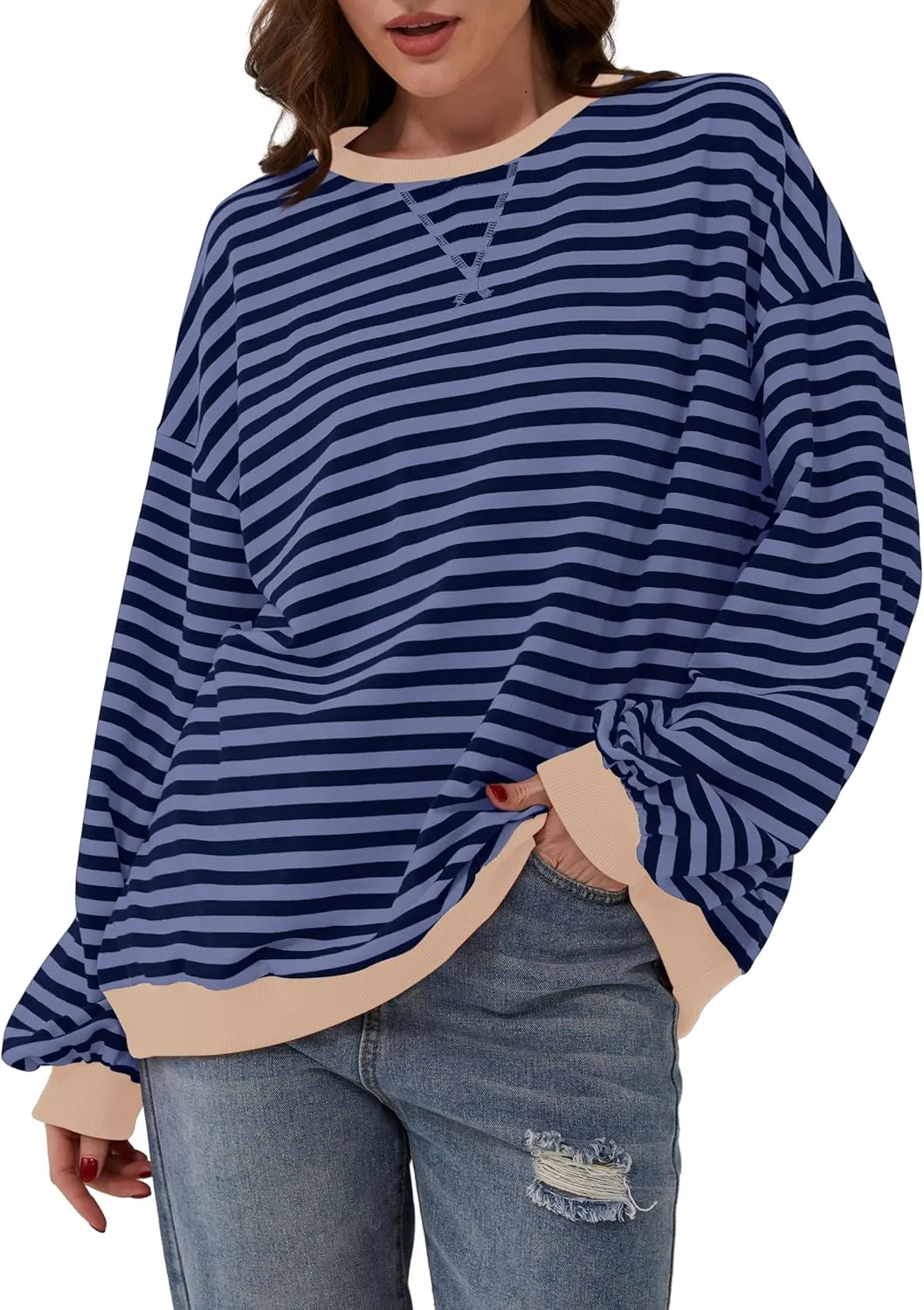 Women Oversized Striped Color Block Long Sleeve Crew Neck Sweatshirt Casual Loose Pullover Y2K Shirt Top