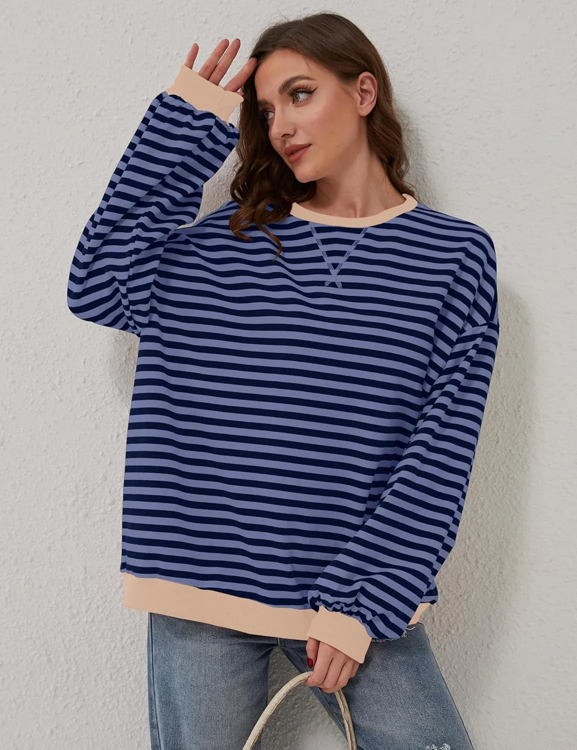 Women Oversized Striped Color Block Long Sleeve Crew Neck Sweatshirt Casual Loose Pullover Y2K Shirt Top