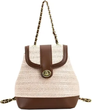 Women PU Straw Chain Small Straw Woven Backpack Daypack Cross-body Shoulder Bag Satchel Purse 2025