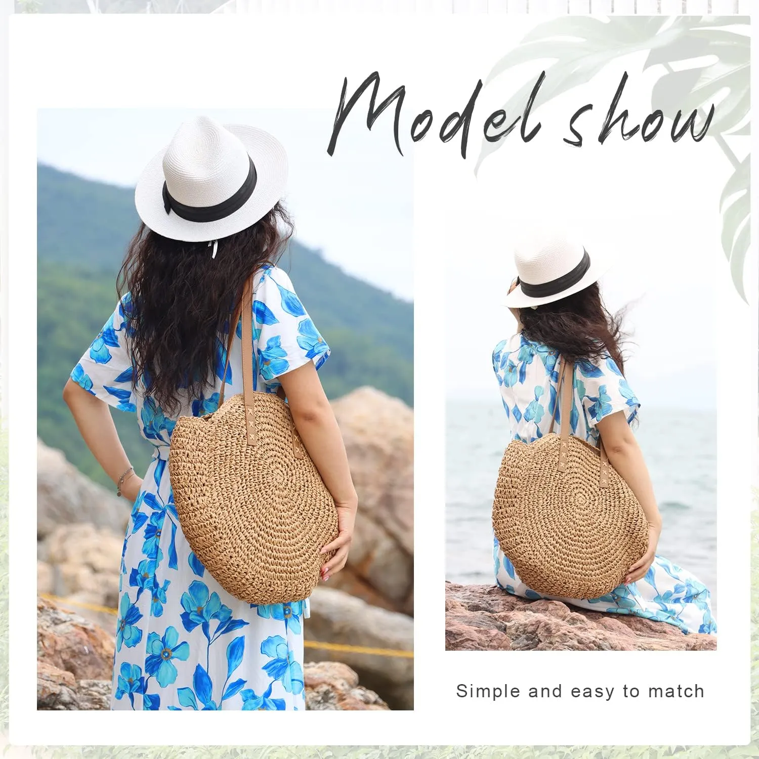Women Straw Bag Round Handwoven Summer Beach Tote Bag Natural Chic Vacation Shoulder bag