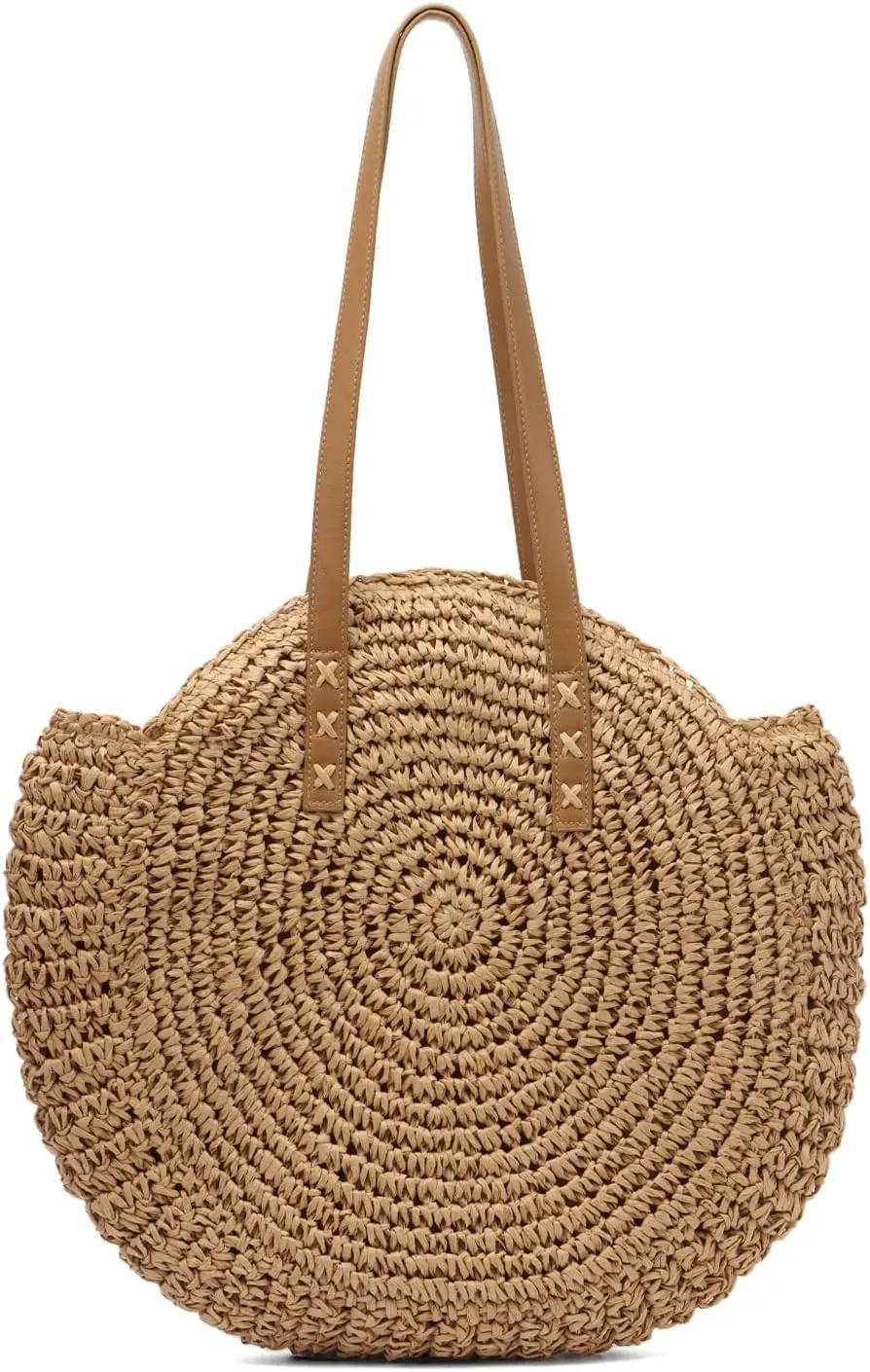 Women Straw Bag Round Handwoven Summer Beach Tote Bag Natural Chic Vacation Shoulder bag