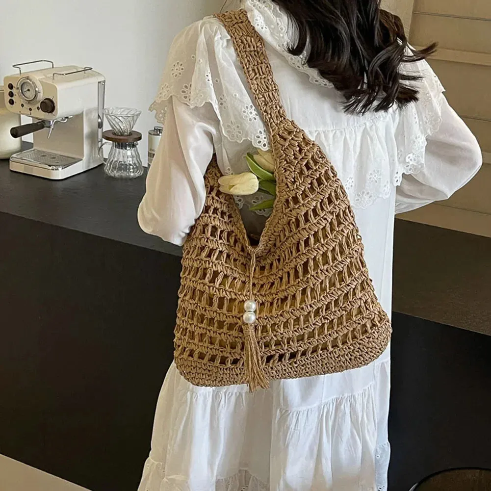 Women Summer Beach Straw Shoulder Bag Rattan Large Shopper Crochet Raffia Woven Causal Tote Handbag Purse Travel Top Handle Bag