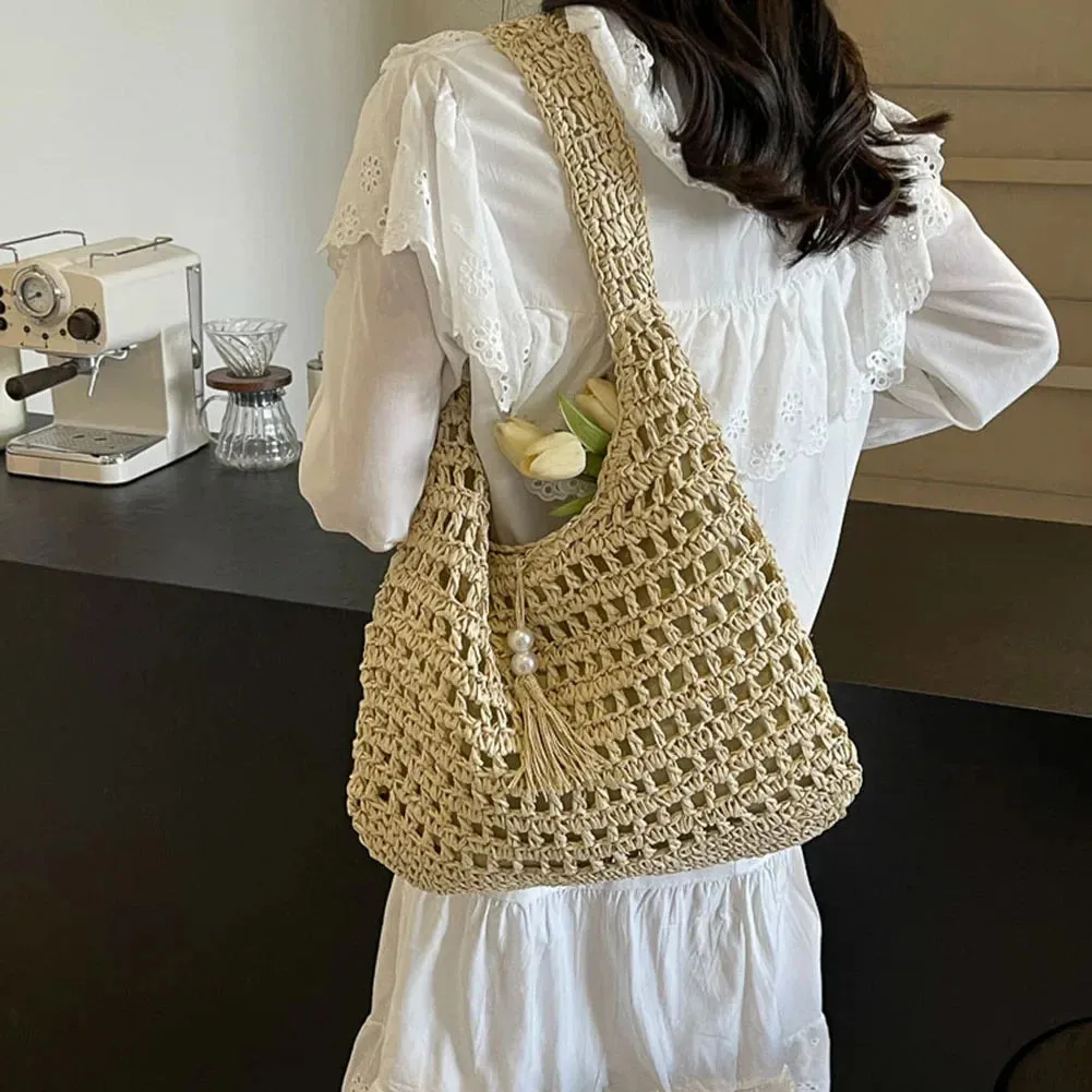 Women Summer Beach Straw Shoulder Bag Rattan Large Shopper Crochet Raffia Woven Causal Tote Handbag Purse Travel Top Handle Bag