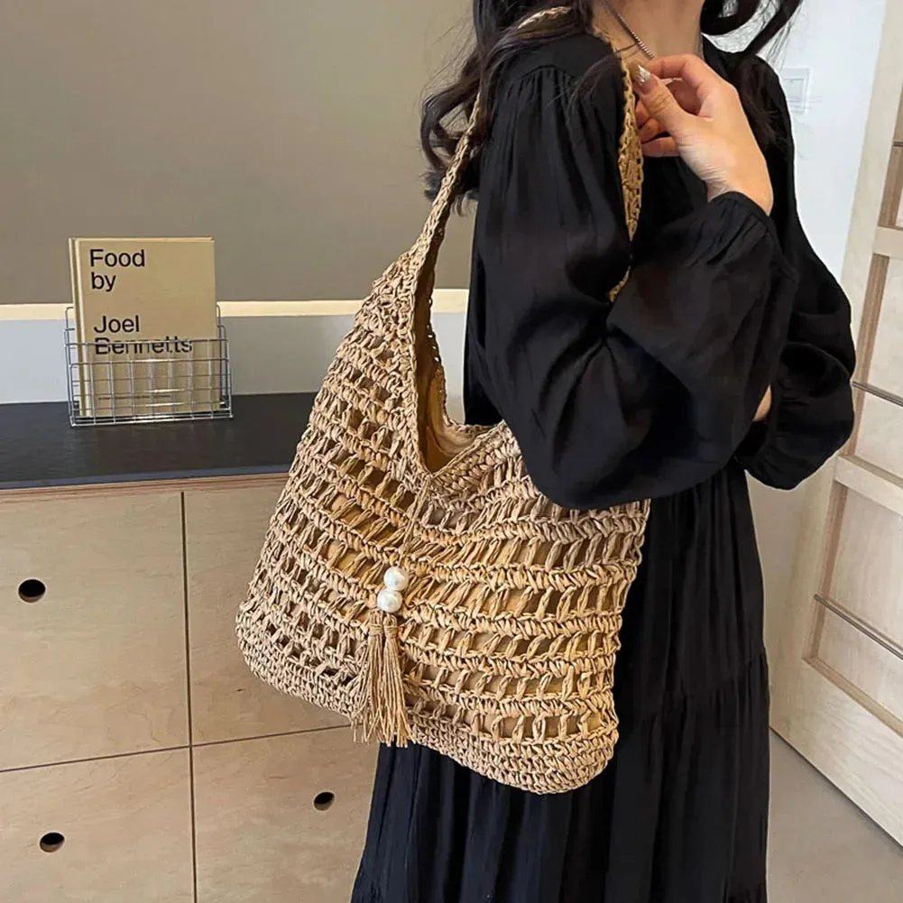 Women Summer Beach Straw Shoulder Bag Rattan Large Shopper Crochet Raffia Woven Causal Tote Handbag Purse Travel Top Handle Bag