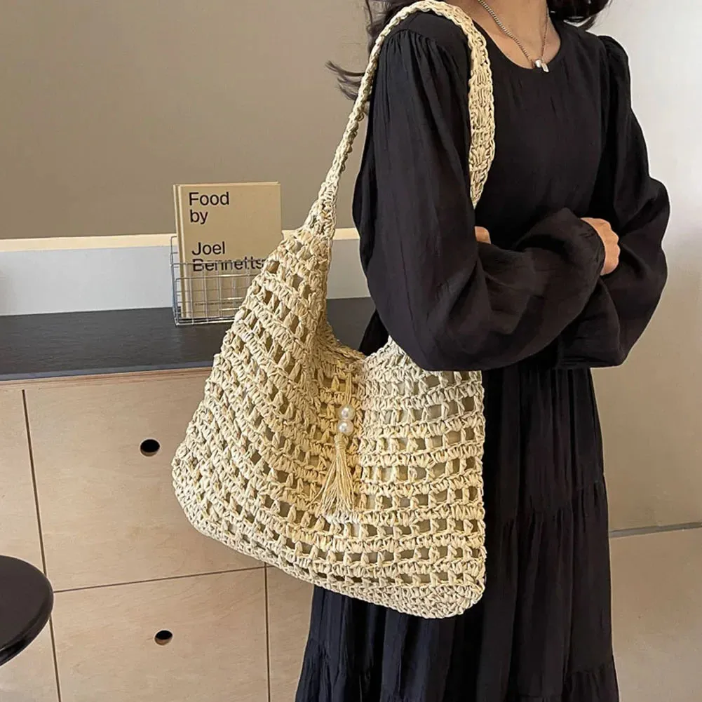 Women Summer Beach Straw Shoulder Bag Rattan Large Shopper Crochet Raffia Woven Causal Tote Handbag Purse Travel Top Handle Bag
