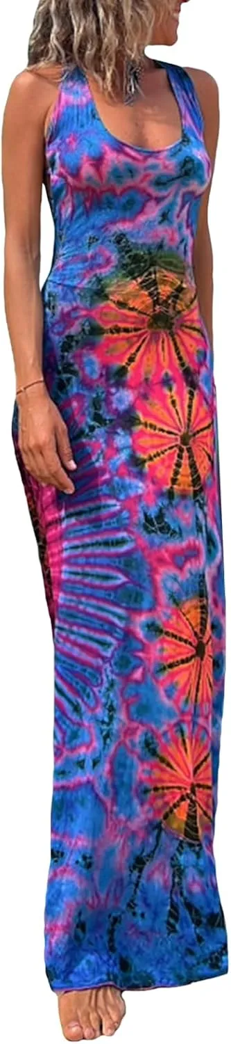 Women Summer Casual Long Tie-Dye Print U-Neck Sleeveless Fashion Cross Backless Dress