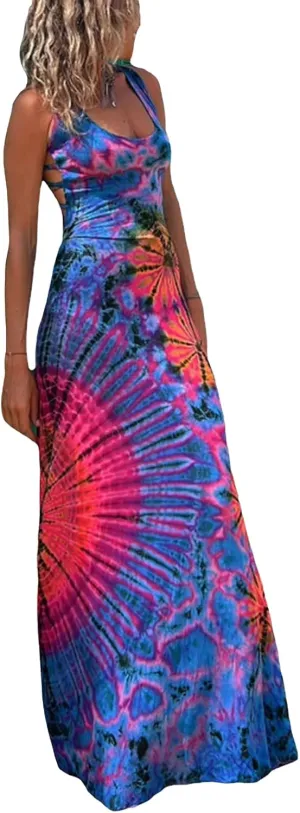 Women Summer Casual Long Tie-Dye Print U-Neck Sleeveless Fashion Cross Backless Dress