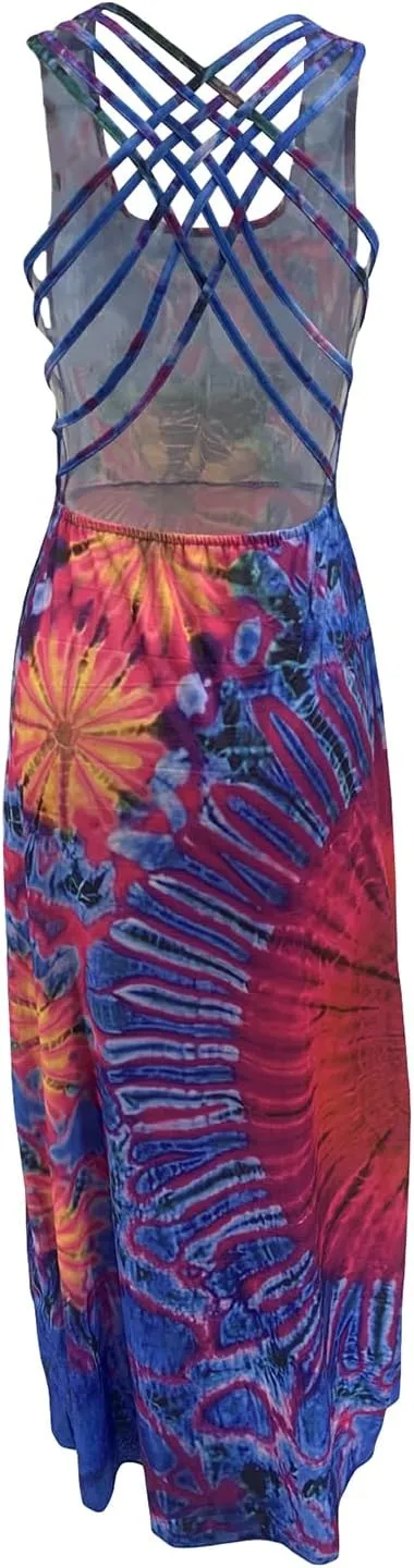 Women Summer Casual Long Tie-Dye Print U-Neck Sleeveless Fashion Cross Backless Dress