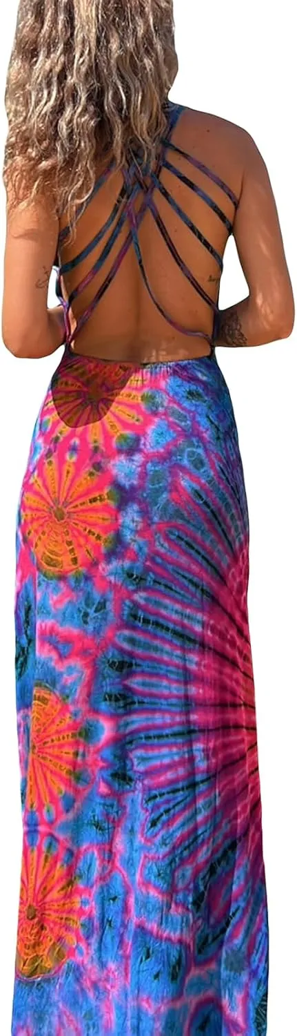 Women Summer Casual Long Tie-Dye Print U-Neck Sleeveless Fashion Cross Backless Dress