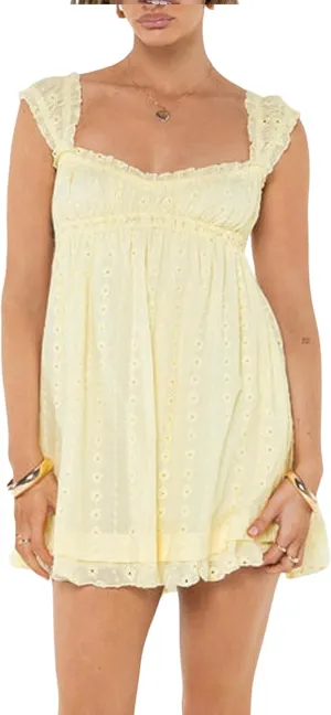 Women Summer Floral Embroidery Dress Sleeveless Ruffle Loose A-line Mini Dress Beach Clubwear Streetwear