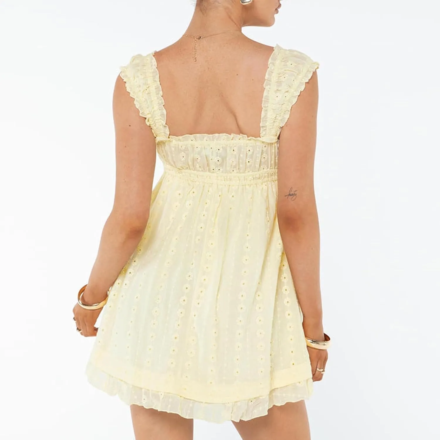 Women Summer Floral Embroidery Dress Sleeveless Ruffle Loose A-line Mini Dress Beach Clubwear Streetwear