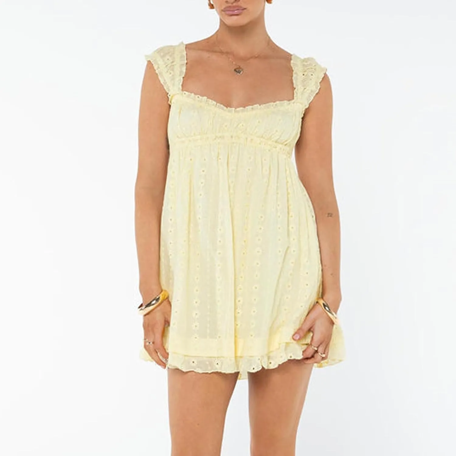 Women Summer Floral Embroidery Dress Sleeveless Ruffle Loose A-line Mini Dress Beach Clubwear Streetwear