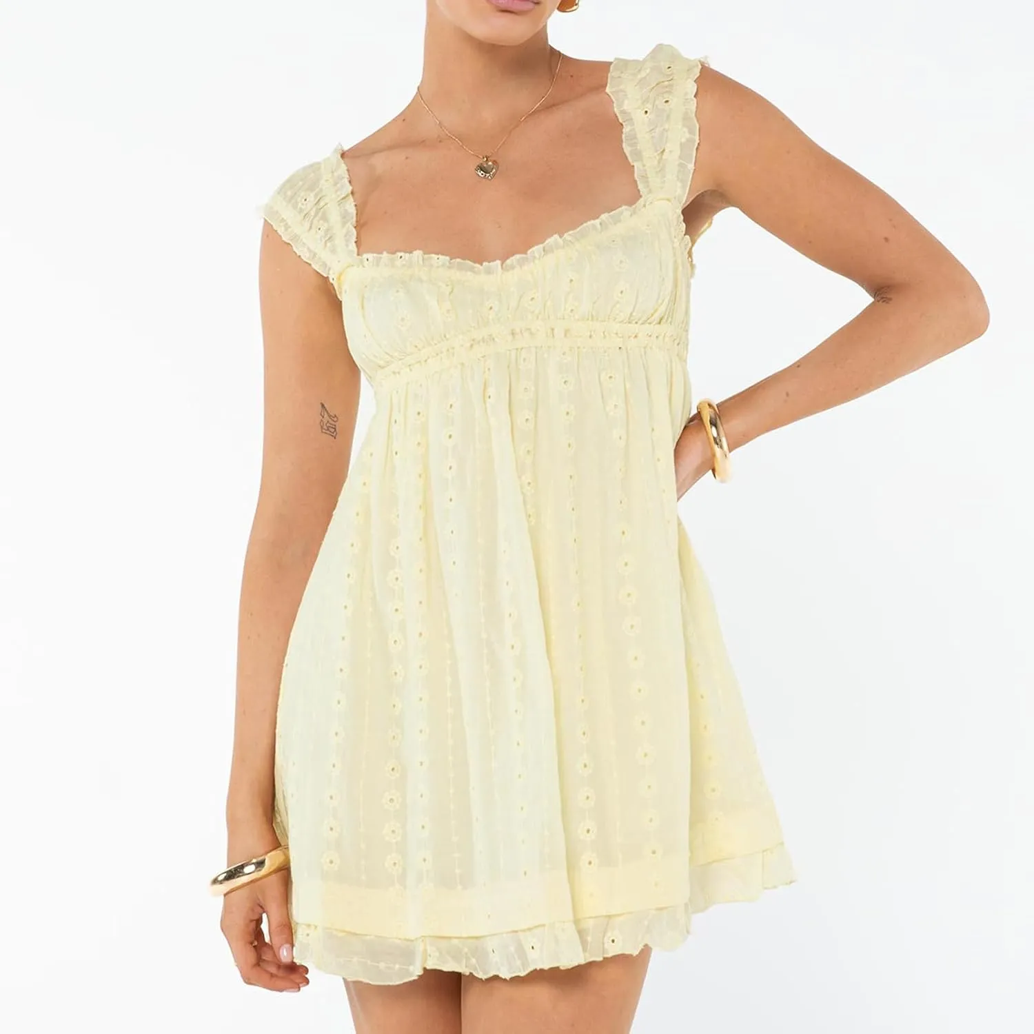 Women Summer Floral Embroidery Dress Sleeveless Ruffle Loose A-line Mini Dress Beach Clubwear Streetwear