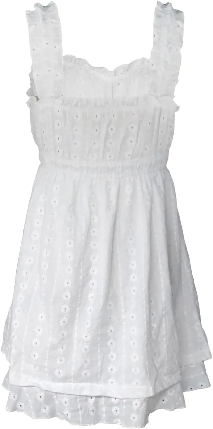 Women Summer Floral Embroidery Dress Sleeveless Ruffle Loose A-line Mini Dress Beach Clubwear Streetwear