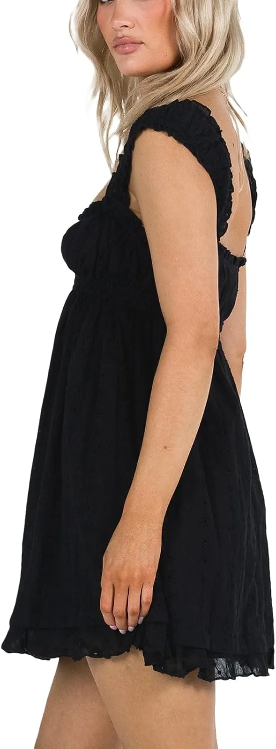 Women Summer Floral Embroidery Dress Sleeveless Ruffle Loose A-line Mini Dress Beach Clubwear Streetwear