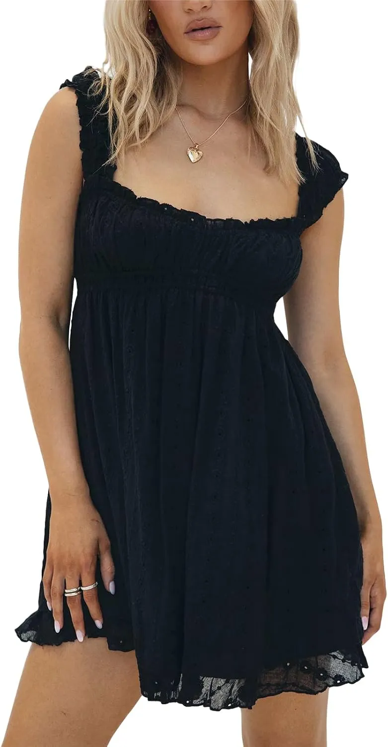 Women Summer Floral Embroidery Dress Sleeveless Ruffle Loose A-line Mini Dress Beach Clubwear Streetwear