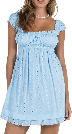 Women Summer Mini Dress Casual Loose Floral Embroidery Ruffle A Line Dress Sleeveless Backless Short Beach Sundress